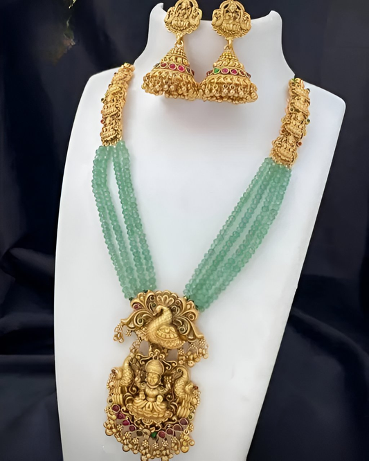Jewel City Gold-Plated Temple Jewelry Set with Green Beads – Lakshmi & Peacock Design