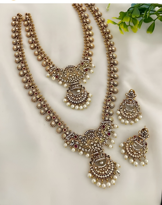 Jewel City Antique Temple Design Bridal Necklace Set with Chandbali Earrings - Pearl Embellished Gold-Plated Traditional Jewelry | Swadesiicart
