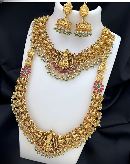 Jewel City Lakshmi Temple Jewelry Set - Gold-Plated Long Necklace with Choker & Earrings - Kemp Stone Traditional Bridal Collection | Swadesiicart