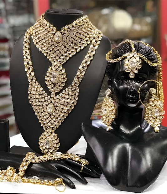 Jewel City Bridal Kundan Jewelry Set for Women Traditional Gold-Plated Indian Necklace,Earrings, Maang Tikka, Hathphool & Nath
