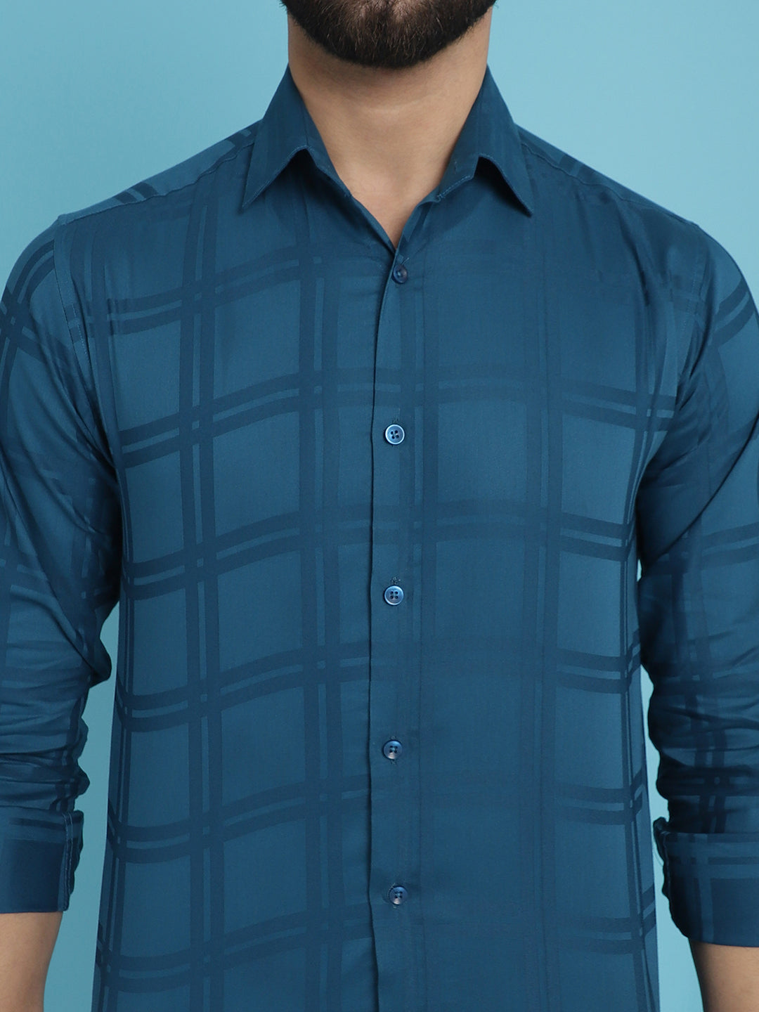 Indian Needle Men's Peacock Blue Checked Casual Shirt | Swadesiicart