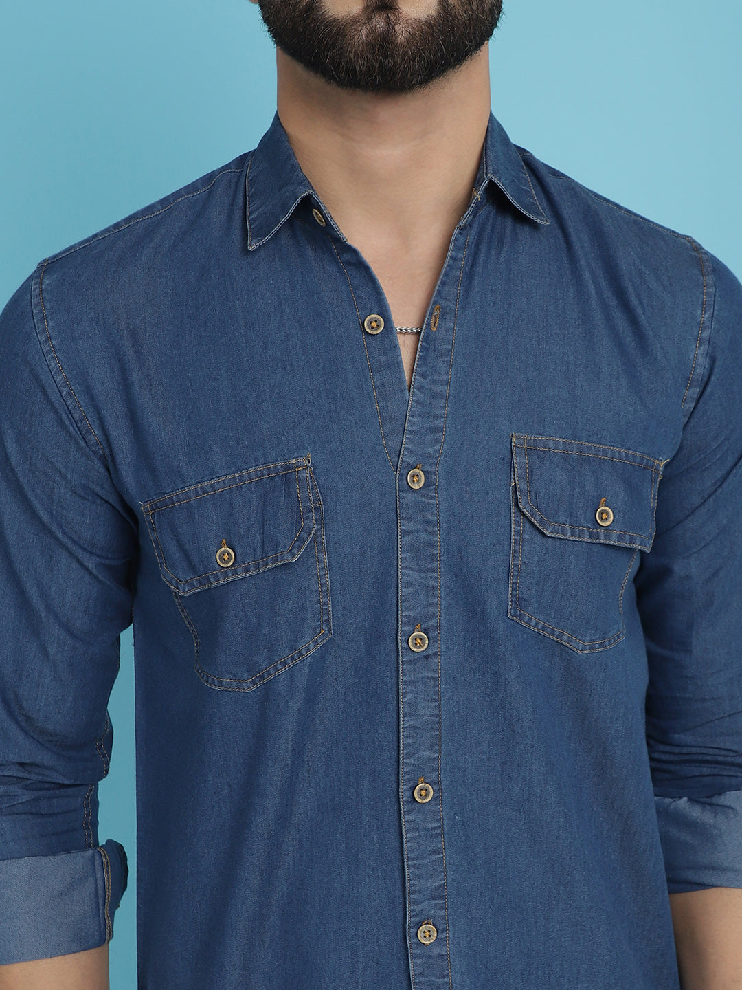 Indian Needle Men's Faded Cotton Denim Casual Shirt - Blue | Swadesiicart