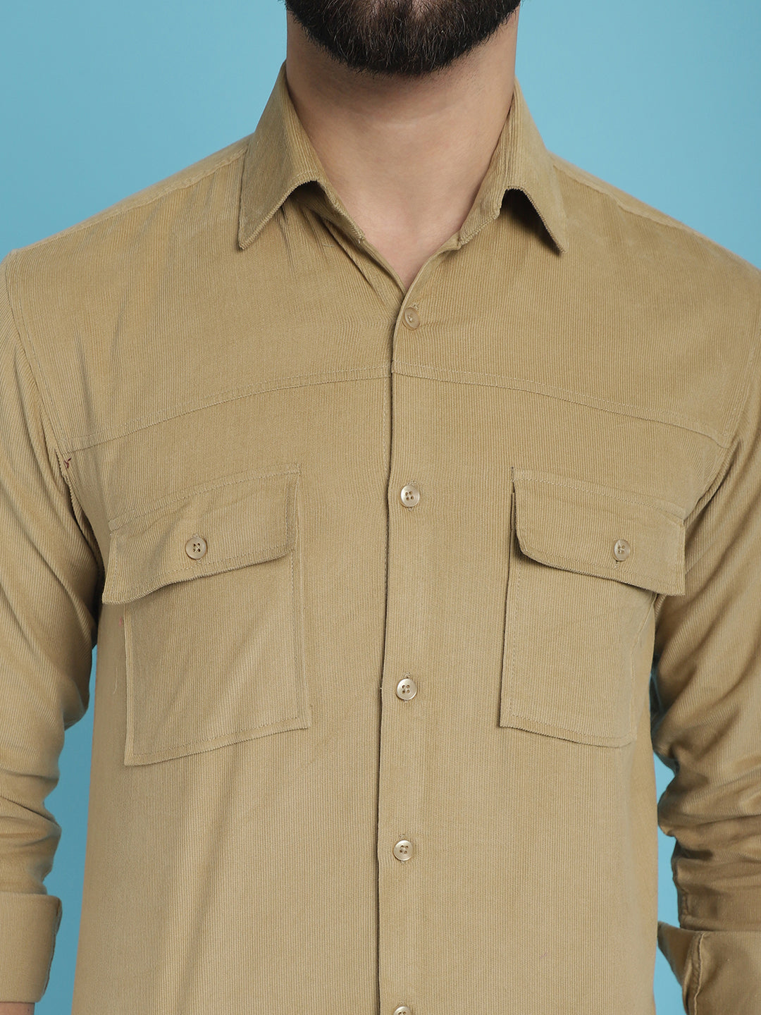 Indian Needle Men's Standard Corduroy Cotton Shirt - Beige | Swadesiicart
