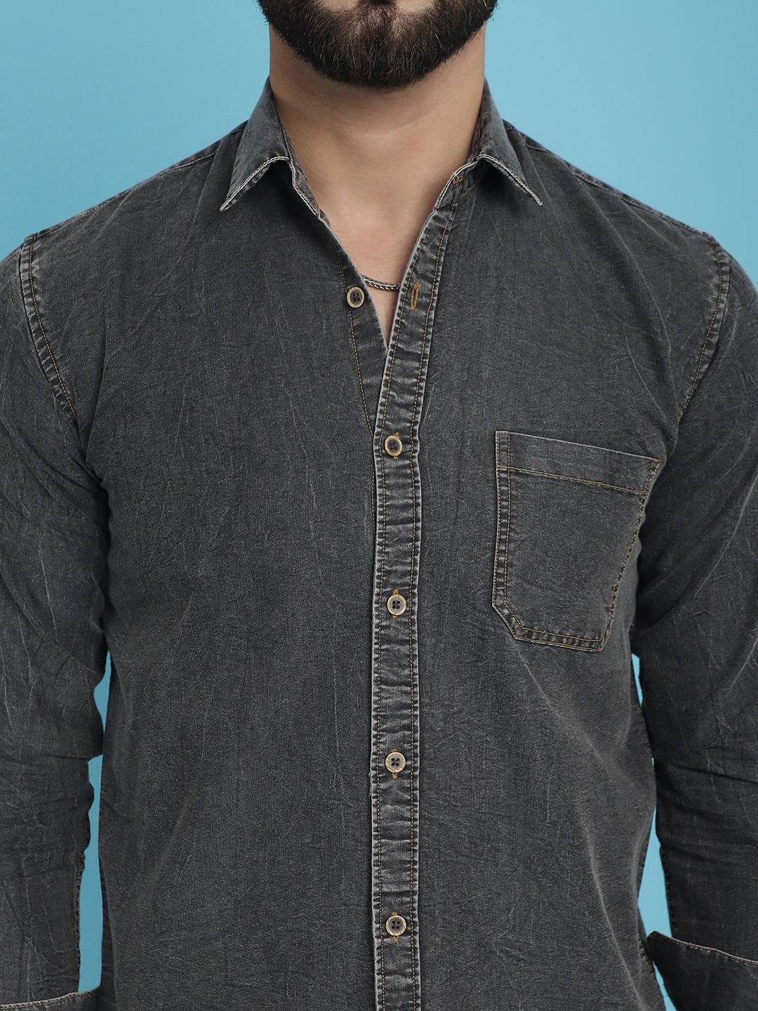 Indian Needle Men's Faded Cotton Denim Casual Shirt - Charcoal | Swadesiicart