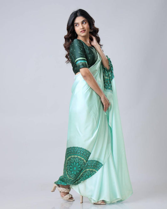 Teeya Creation Pista Color Japan Satin Silk Digital Print Ready To Wear Saree | Swadesiicart