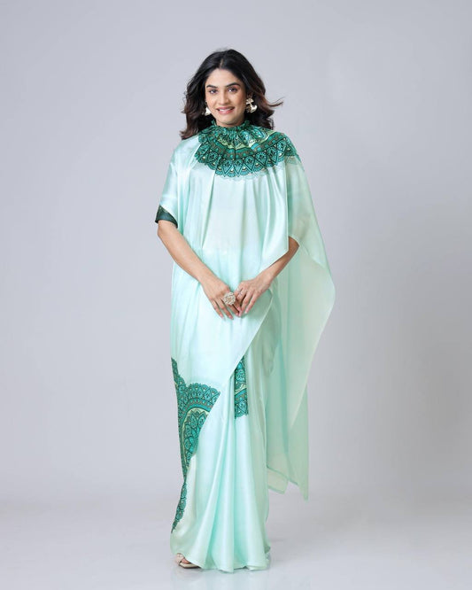 Teeya Creation Pista Color Japan Satin Silk Digital Print Ready To Wear Saree | Swadesiicart