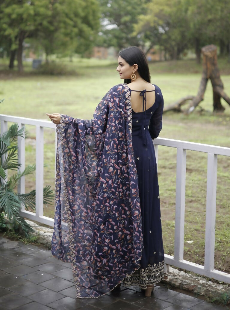 Jyoti Fashion Women's Navy Blue Faux Blooming Sequins with Zari Embroidery Anarkali Dress with Dupatta | Swadesiicart