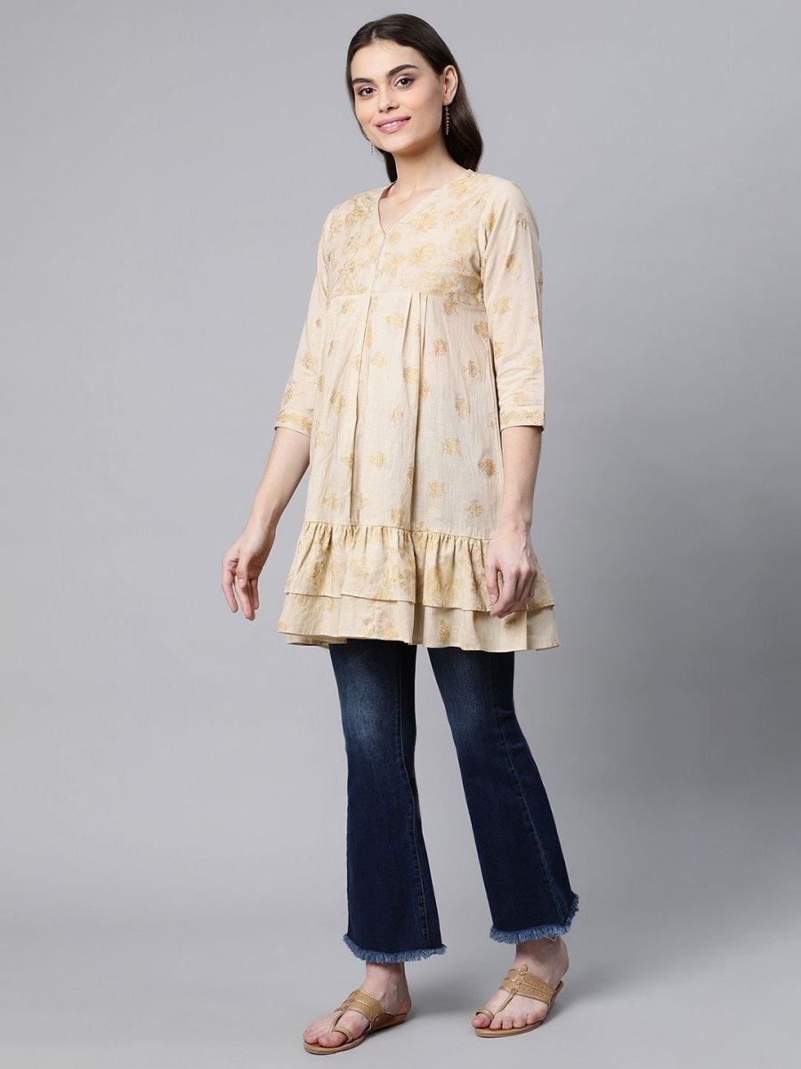 Ahalyaa Beige Cotton Gold Printed Tunic | Swadesiicart