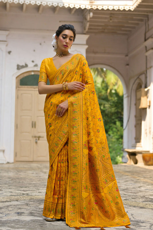 Vishnu Weaves Women's Mustard Yellow Silk Woven Saree with Blouse - Swadesiicart