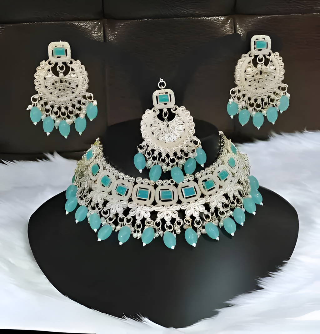 Jewel City Elegant Kundan Pearl Choker Necklace Set - Traditional Indian Bridal Jewelry with Earrings & Maang Tikka | Swadesiicart