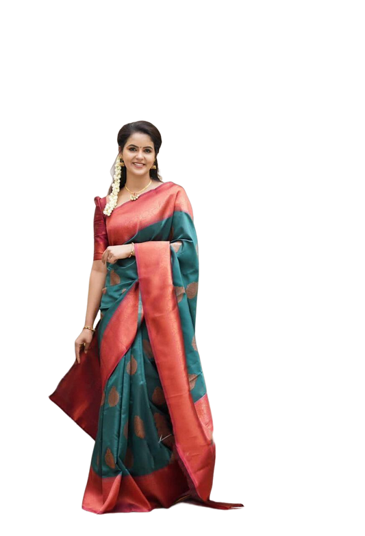 Vamika Weaving Banarasi Jacquard Green Kanjivaram Saree | Swadesiicart