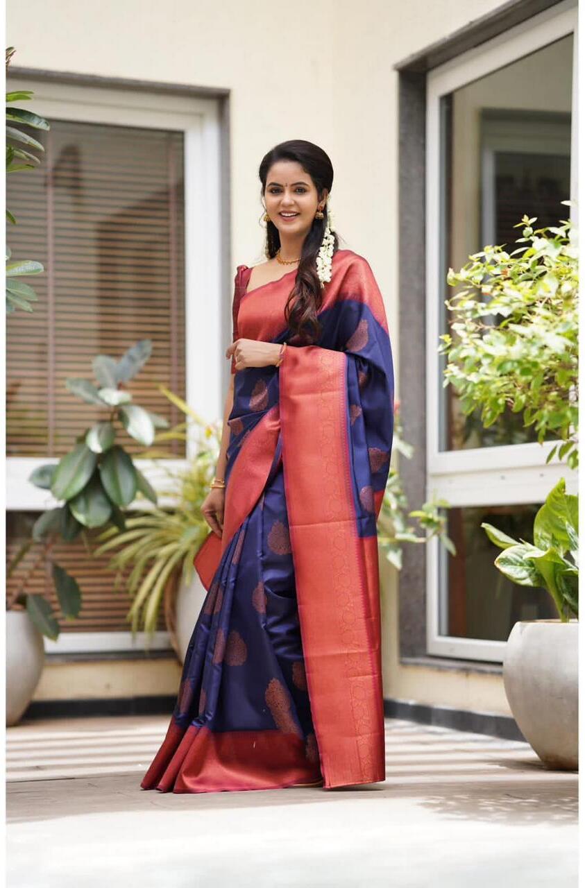 Vamika Weaving Banarasi Jacquard navy Kanjivaram Saree | Swadesiicart