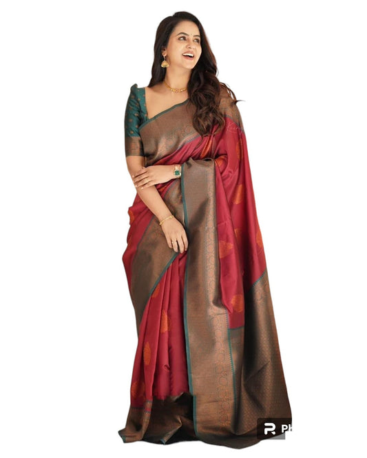 Vamika Weaving Banarasi Jacquard red Kanjivaram Saree | Swadesiicart