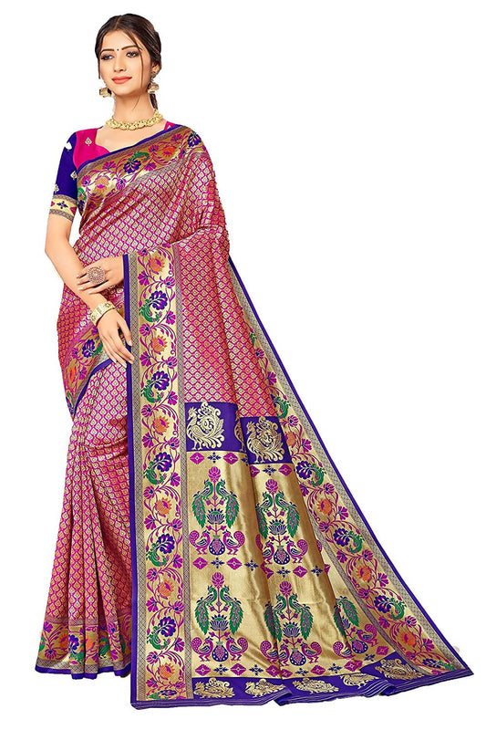 Jaanvi Fashion Women's Rani Blue Banarasi Paithani Silk With Zari Jacquard Work Saree With Blouse Piece | Swadesiicart