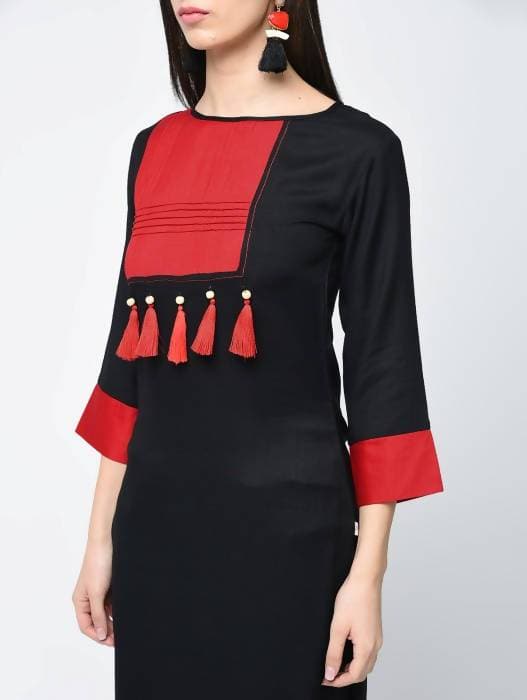 Aniyah Rayon Color Block Black Latest Straight Kurta With Tassels (AN-109K) - Swadesiicart