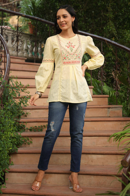 Juniper Women's Lemon Cotton Dobby Solid Embroidered Straight Tunic | Swadesiicart