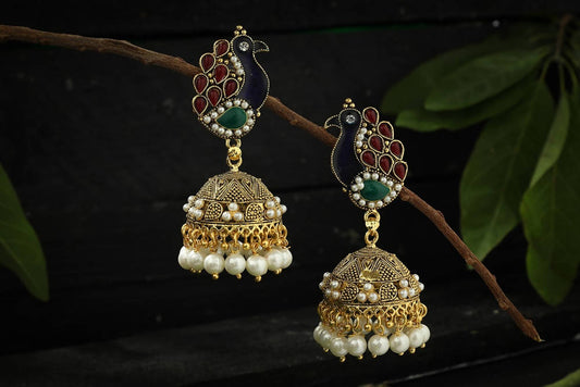 Mominos Fashion Johar Kamal Traditional Peacock Design Multi Color Jhumka - Mominos Fashion