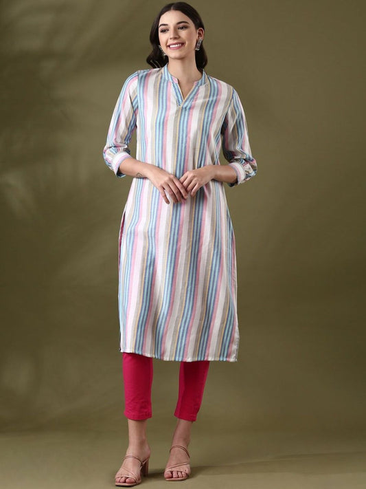 Anouk White Striped Mandarin Collar Pure Cotton Straight Kurta - Swadesiicart