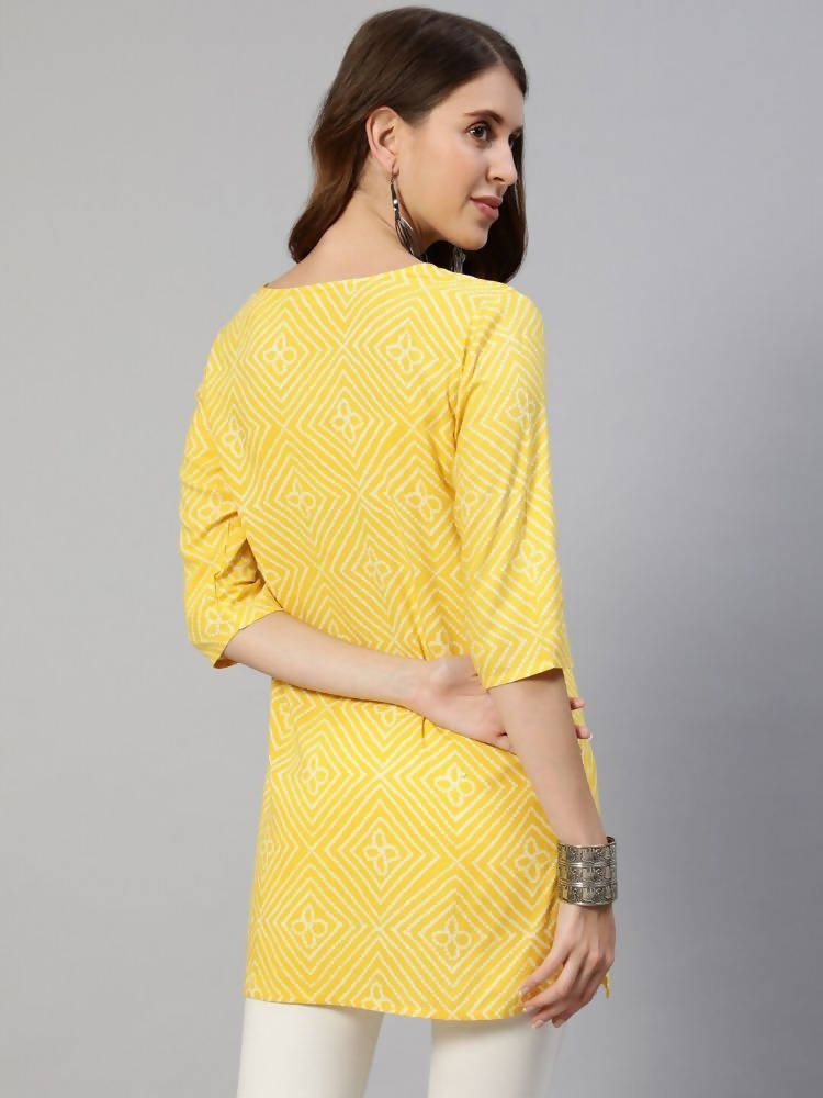 Anubhutee Yellow & White Bandhani Printed Kurti | Swadesiicart