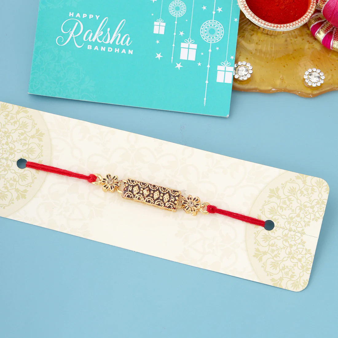 trueBrowns X Voylla Antique Floral Designer Rakhi With Roli Chaawal Pack | Swadesiicart