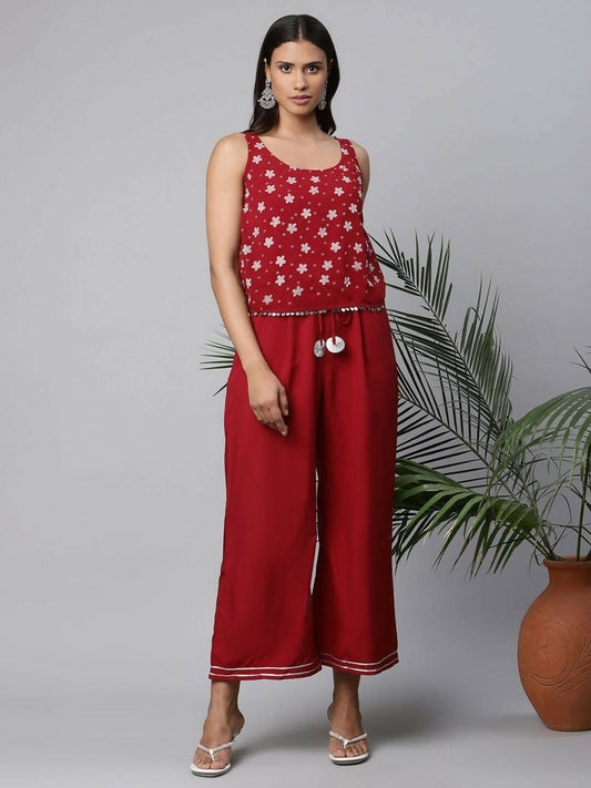 Ahalyaa Womens Maroon Chiffon Printed Jumpsuit - Swadesiicart