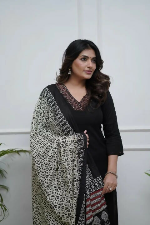 The52 Black Women's Gorgeous Parampara Fabric Embroidered Work Straight Kurta Palazzo and Dupatta Set - Swadesiicart