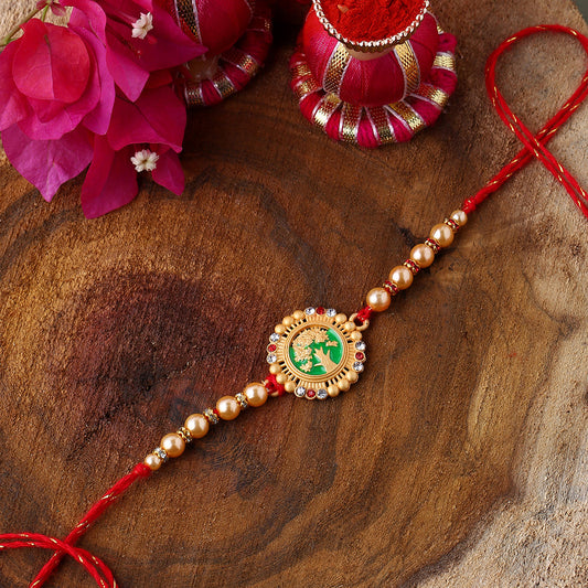 trueBrowns X Voylla Beige Beaded Enamel Rakhi With Roli Chaawal Pack | Swadesiicart