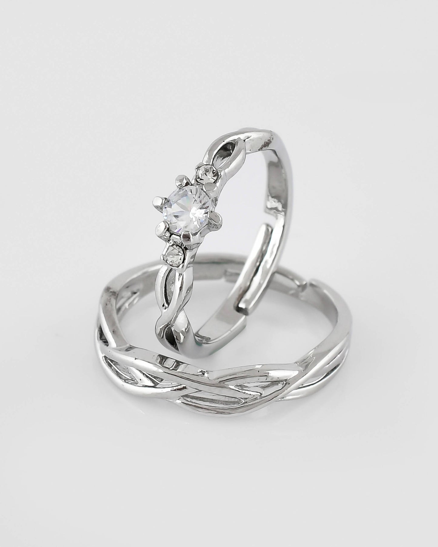 VOJ Stainless Steel Cubic Zirconia Silver Plated Adjustable Ring Set for Couple | Swadesiicart