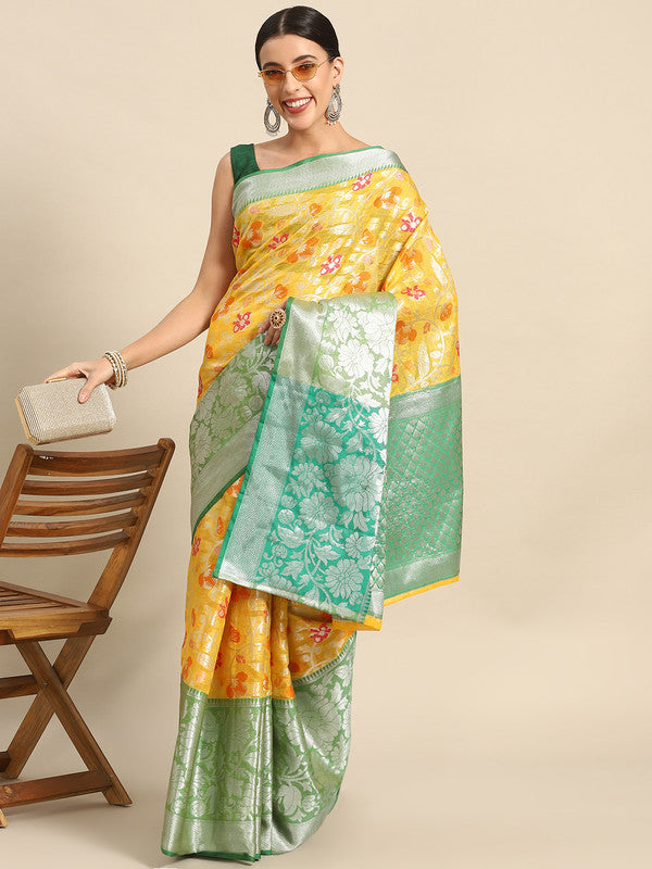 Yellow Brocade Woven Zari Design Floral Saree with Unstitched Blouse - Hiral Fashion | Swadesiicart