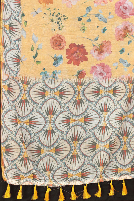 Peach Cotton Blend Printed Floral Saree with Unstitched Blouse - Hiral Fashion | Swadesiicart
