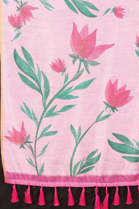Pink Cotton Blend Printed Floral Saree with Unstitched Blouse - Hiral Fashion | Swadesiicart