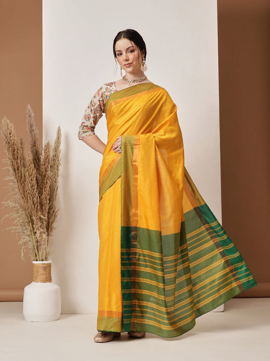 Hiral Fashion Mustard Banarasi Art Silk Solid Saree | Swadesiicart