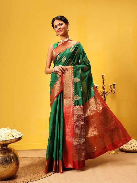 Hiral Fashion Green Banarasi Silk Woven Design Saree | Swadesiicart