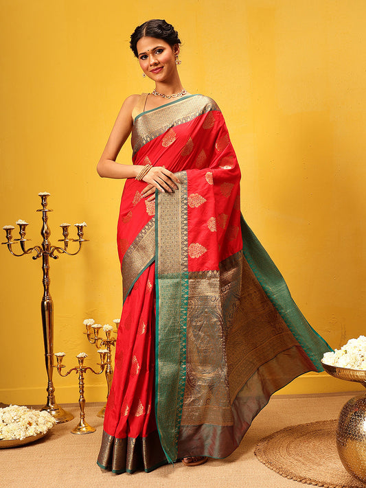 Hiral Fashion Red Banarasi Silk Woven Design Saree | Swadesiicart