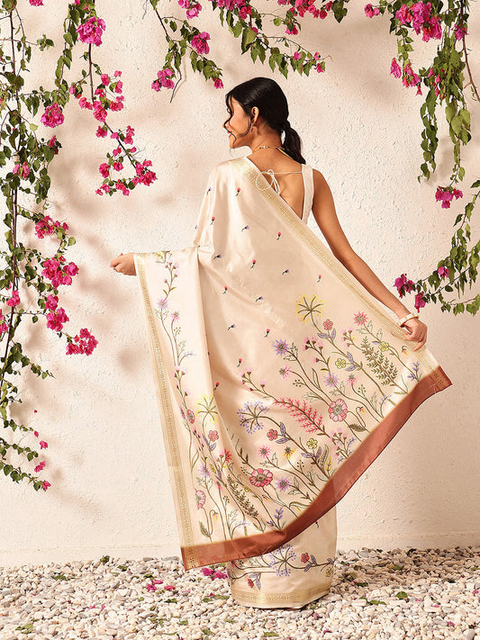 Hiral Fashion Beige Banarasi Art Silk Floral Digital Printed Saree | Swadesiicart