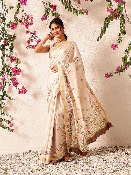 Hiral Fashion Beige Banarasi Art Silk Floral Digital Printed Saree | Swadesiicart