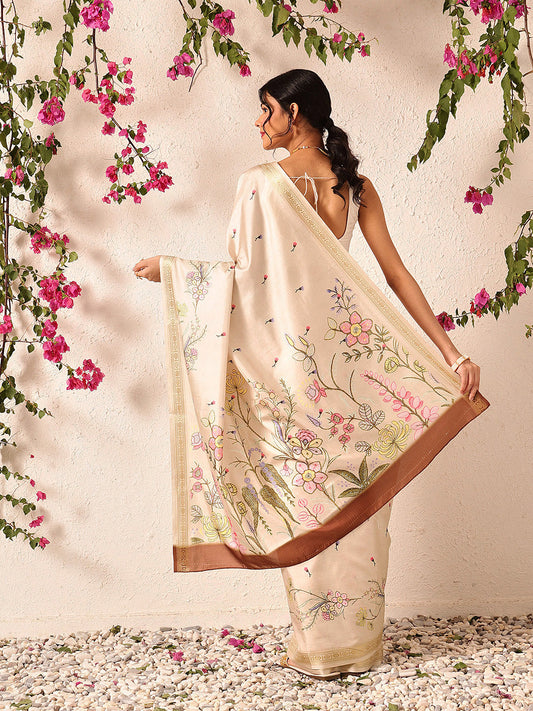 Hiral Fashion Beige Banarasi Art Silk Floral Digital Printed Saree | Swadesiicart