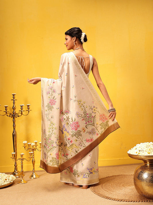 Hiral Fashion Beige Banarasi Art Silk Floral Digital Printed Saree | Swadesiicart
