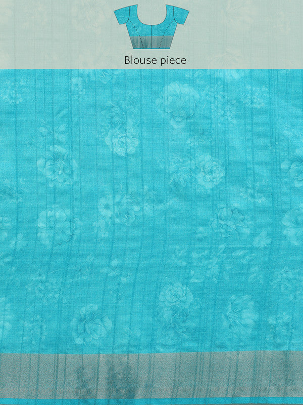Turquoise Tusser Silk Digital Print Floral Saree with Unstitched Blouse - Hiral Fashion | Swadesiicart