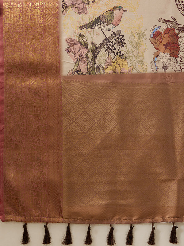 Beige Kanjeevaram Silk Digital Print Animal Print Saree with Unstitched Blouse - Hiral Fashion | Swadesiicart