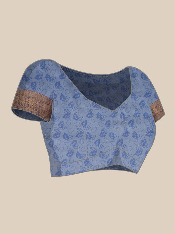 Blue Kanjeevaram Silk Digital Print Floral Saree with Unstitched Blouse - Hiral Fashion | Swadesiicart
