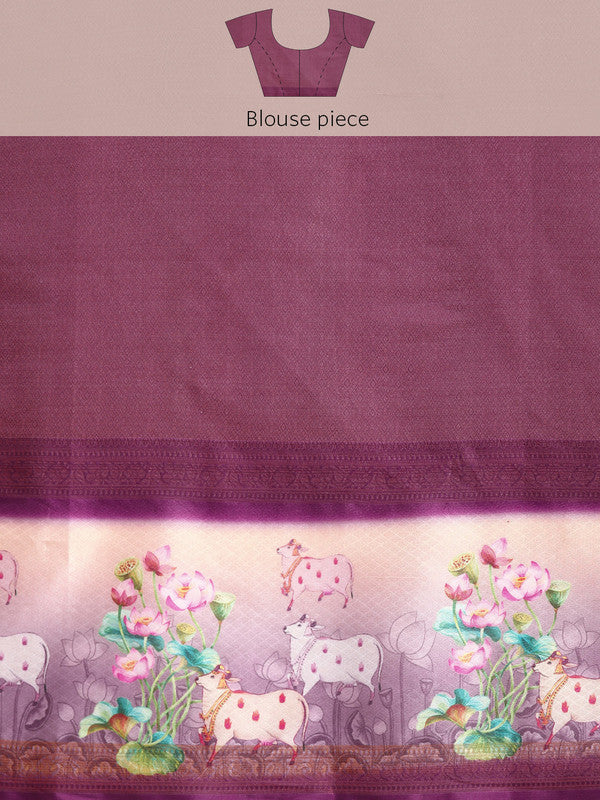 Purple Kanjeevaram Silk Digital Print Geomatric Saree with Unstitched Blouse - Hiral Fashion | Swadesiicart