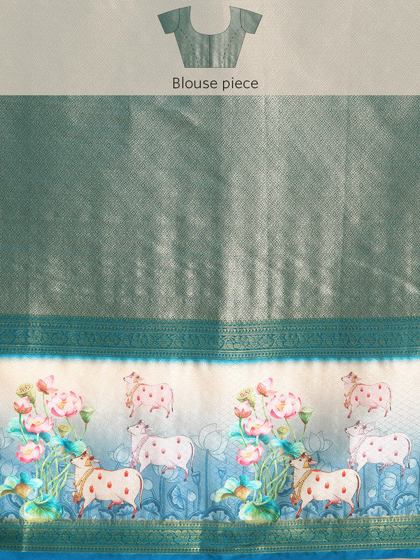 Turquoise Kanjeevaram Silk Digital Print Geomatric Swadesiicart with Unstitched Blouse - Hiral Fashion