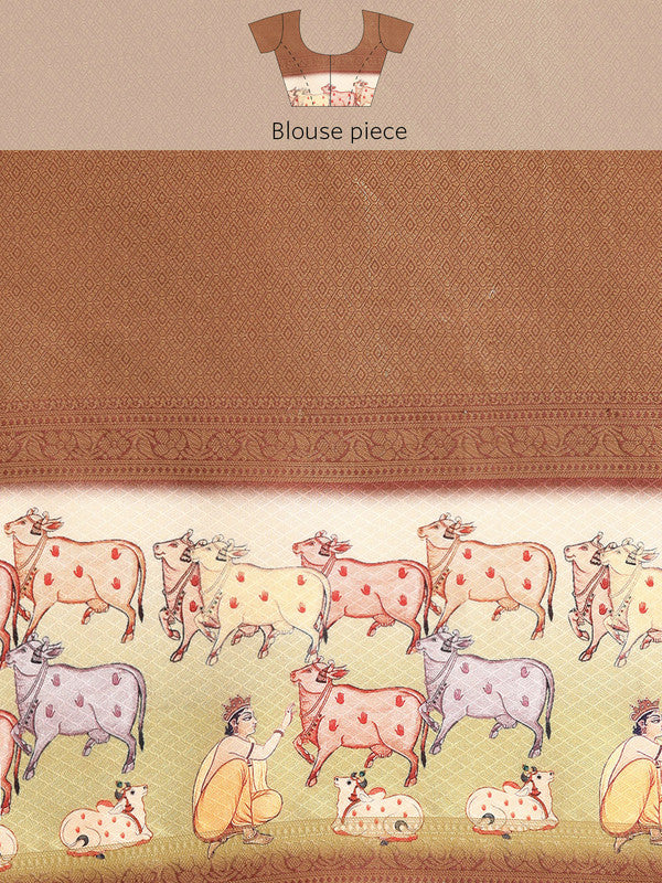 Maroon Kanjeevaram Silk Digital Print Striped Saree with Unstitched Blouse - Hiral Fashion | Swadesiicart