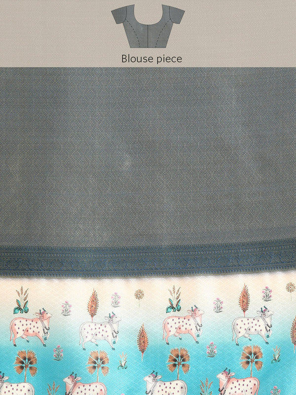 Blue Kanjeevaram Silk Digital Print Geomatric Saree with Unstitched Blouse - Hiral Fashion | Swadesiicart