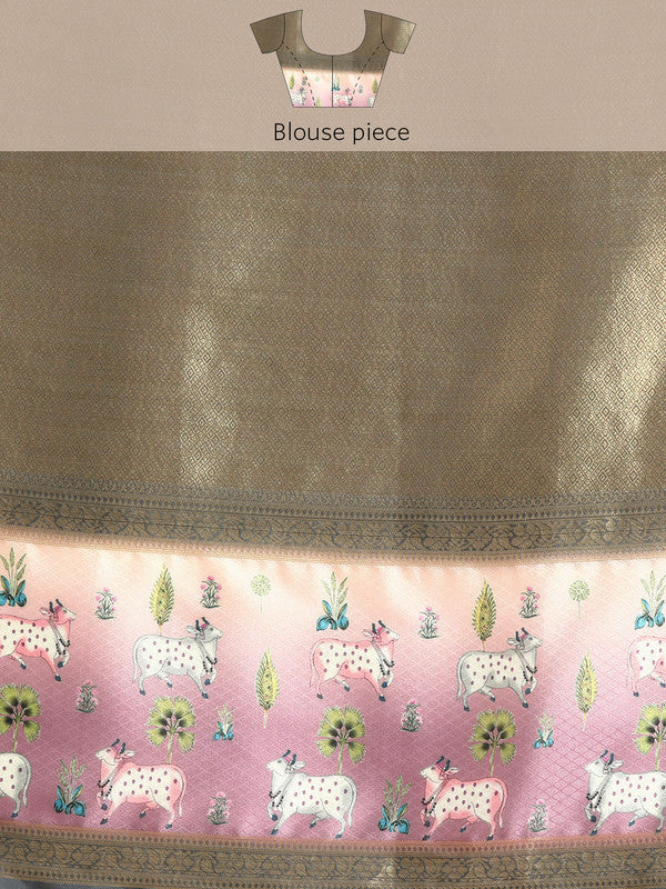 Gray Kanjeevaram Silk Digital Print Geomatric Saree with Unstitched Blouse - Hiral Fashion | Swadesiicart