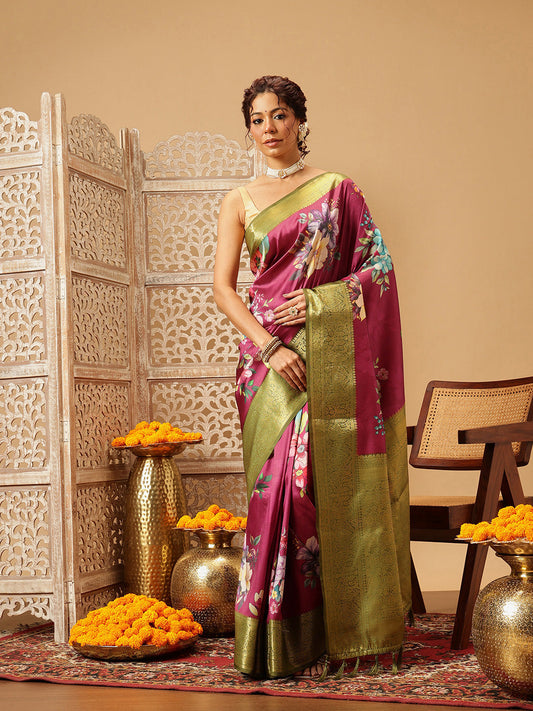 Hiral Fashion Pink Banarasi Silk Floral Digital Printed Saree | Swadesiicart
