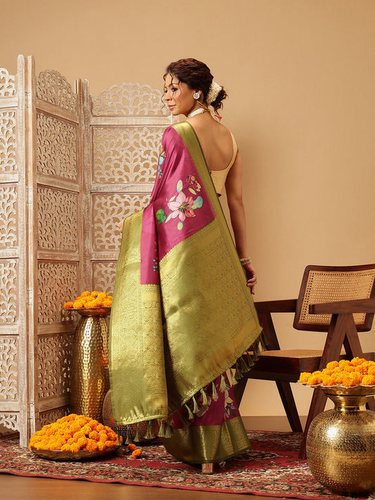 Hiral Fashion Pink Banarasi Silk Floral Digital Printed Saree | Swadesiicart