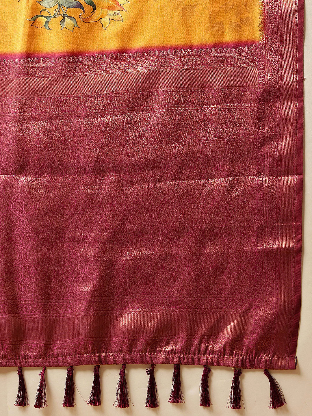 Hiral Fashion Mustard Banarasi Silk Floral Digital Printed Saree | Swadesiicart
