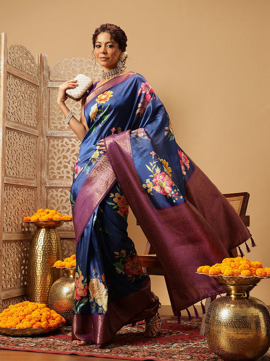 Hiral Fashion Navy Blue Banarasi Silk Floral Digital Printed Saree | Swadesiicart